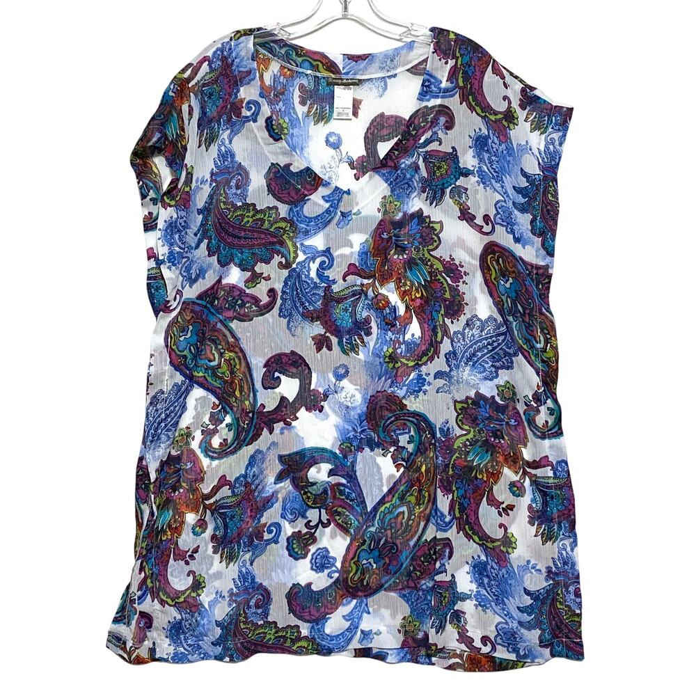 Tommy Bahama Paisley Print Tunic Top Womens M Blue Boho Artsy Eclectic Resort